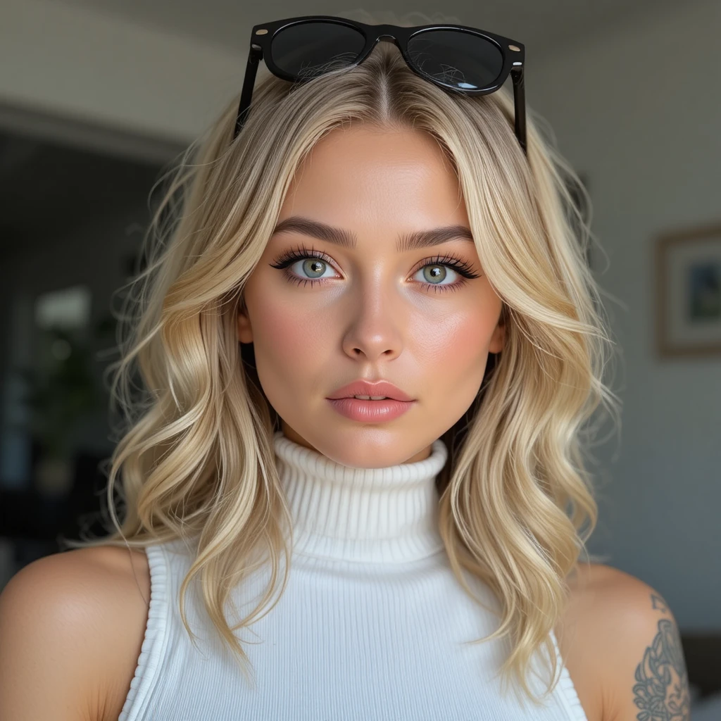 Retrato de mujer rubia segura de sí misma con suéter blanco de cuello alto sin mangas