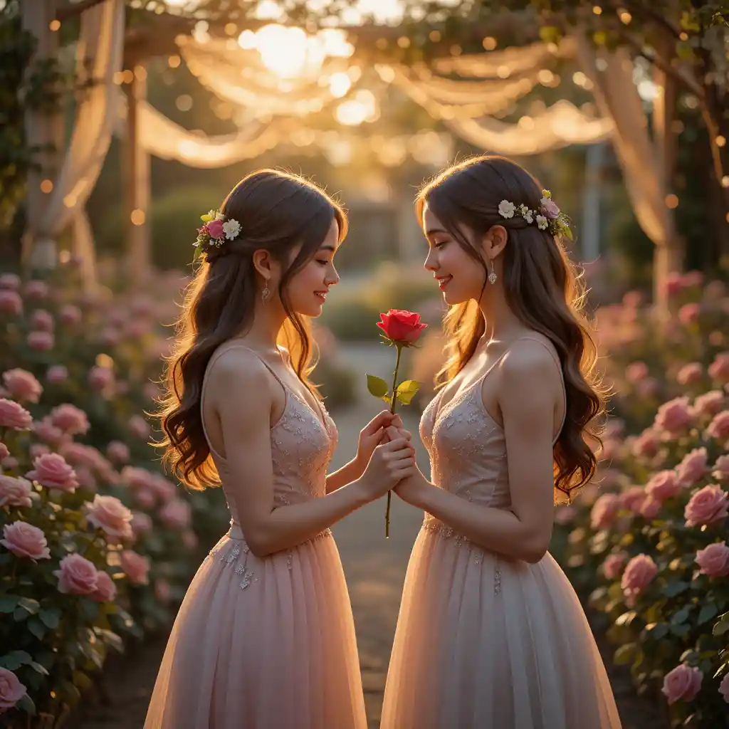 Propuesta romántica entre dos mujeres en un jardín de flores