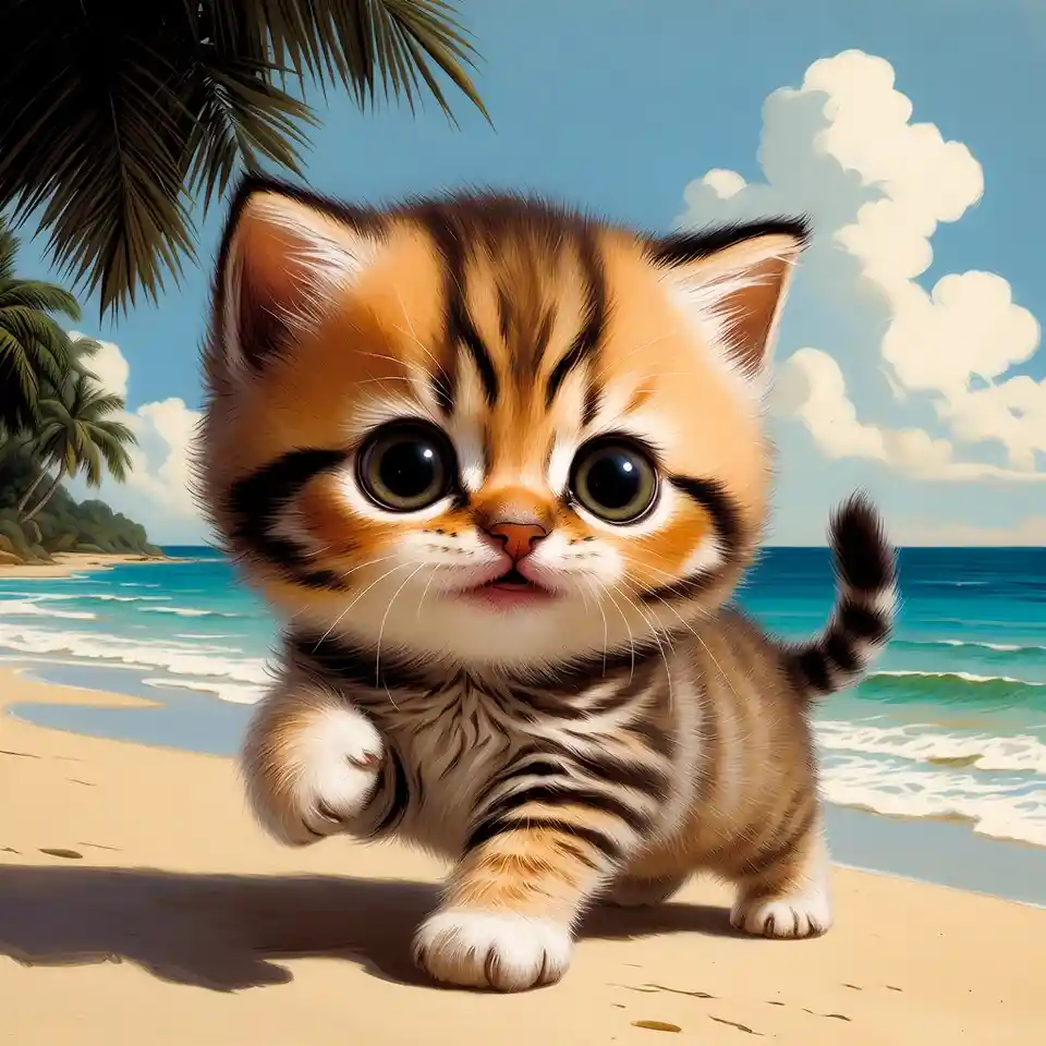 Gatito juguetón en una playa de arena – ilustración de cuento infantil