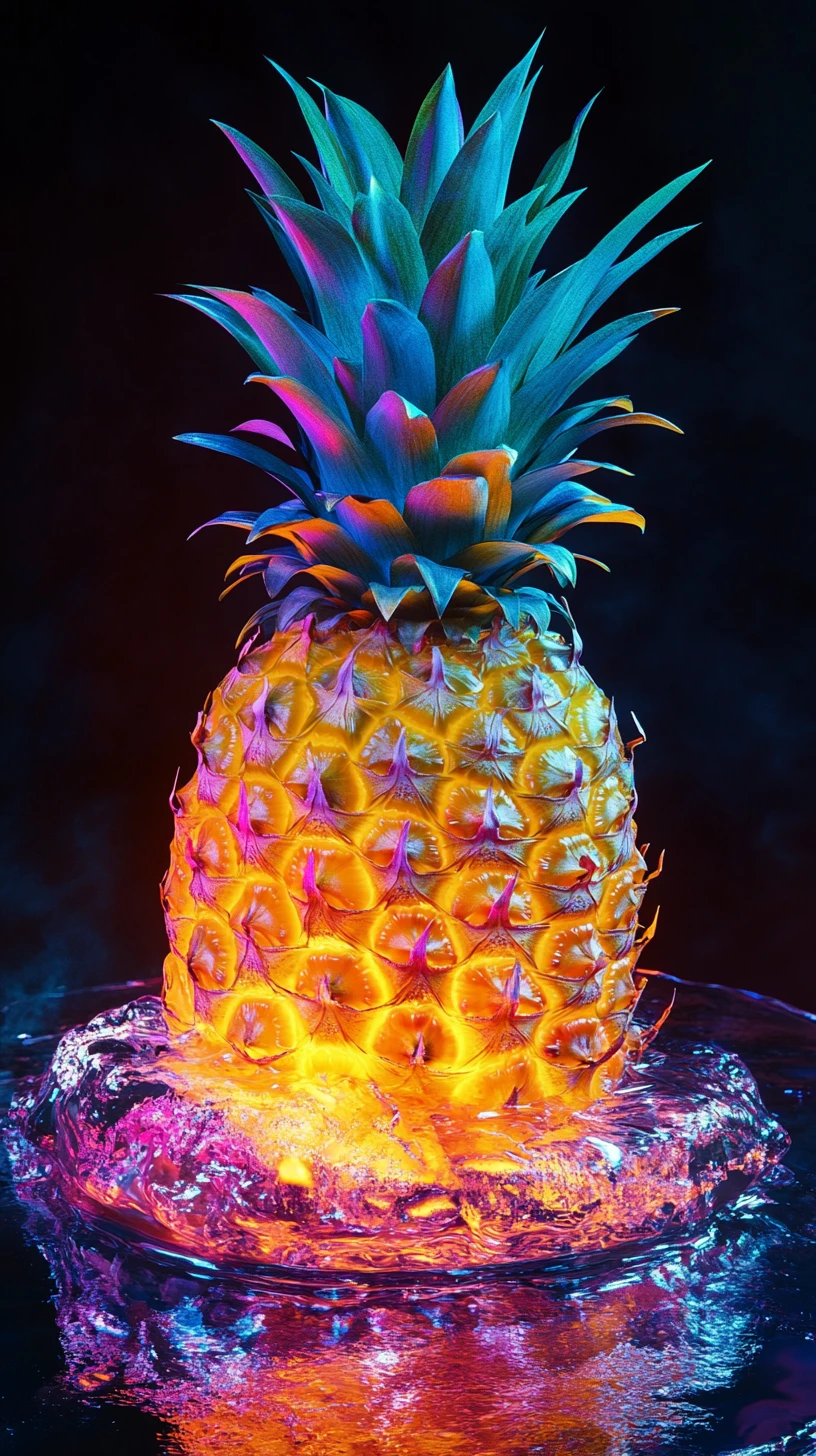 Piña vibrante flotando en líquido con un contraste audaz