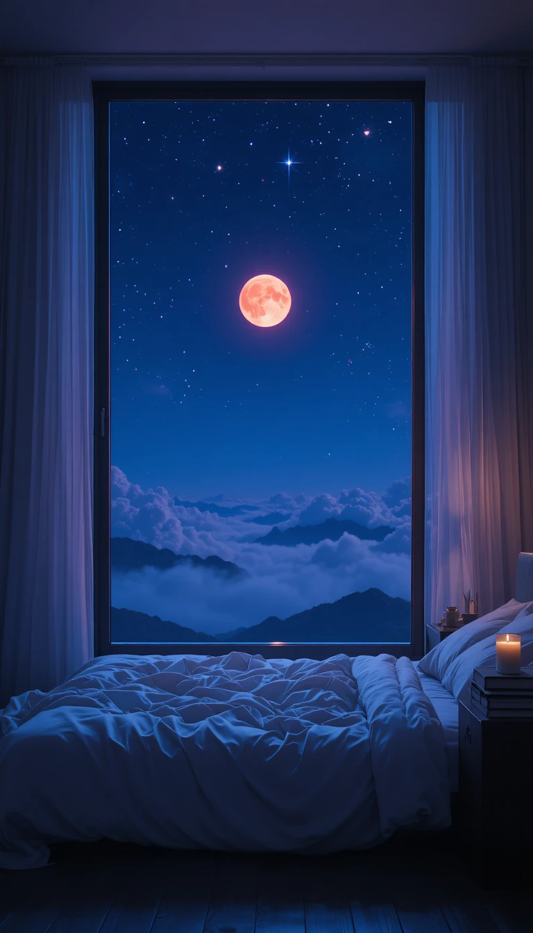 Vista del dormitorio a medianoche con cielo iluminado por la luna