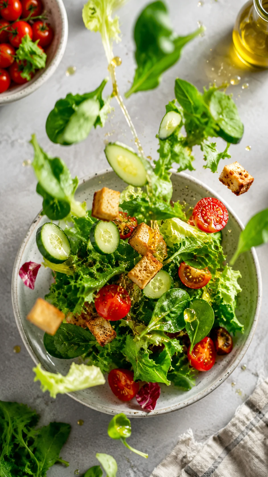 Ingredientes de ensalada verde fresca cayendo en un plato