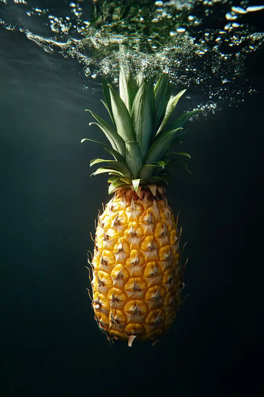Vibrant pineapple floating on bright reflective liquid surface