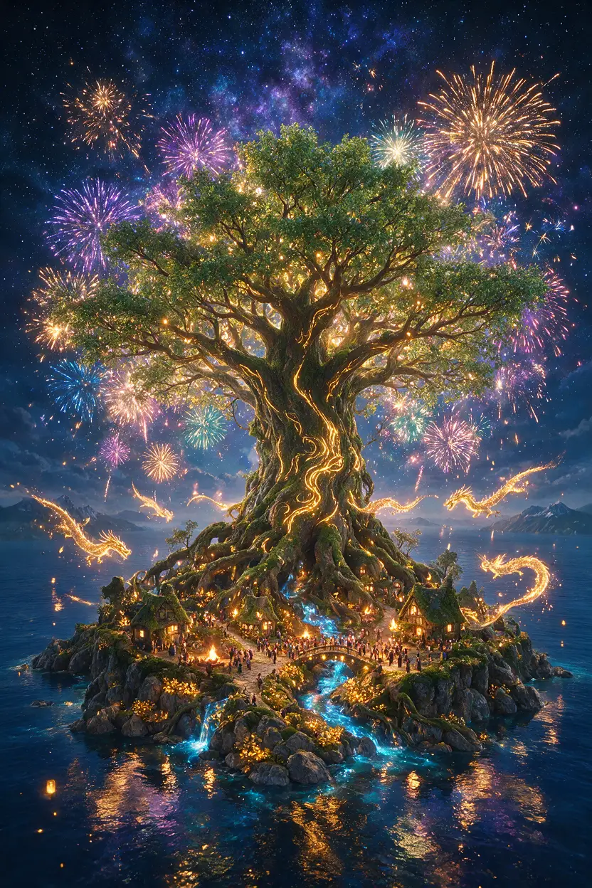 Isola fantasy con maestoso albero e spettacolo di fuochi d’artificio sull’oceano