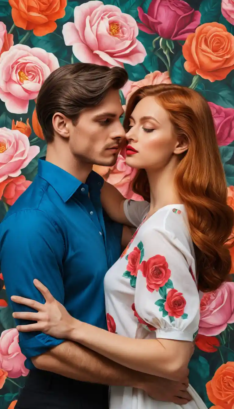 Sensual couple kissing on floral rose background