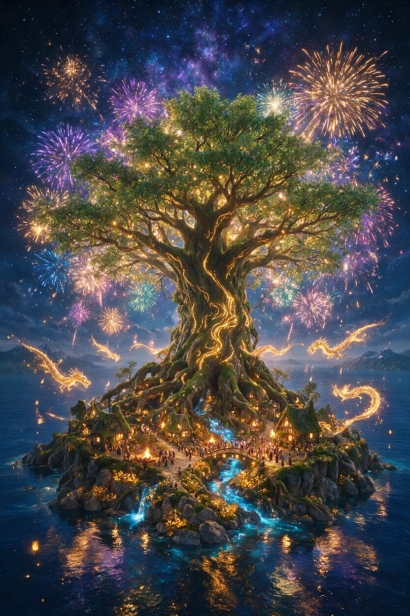 Isla fantástica de majestuoso árbol con espectáculo de fuegos artificiales sobre el océano