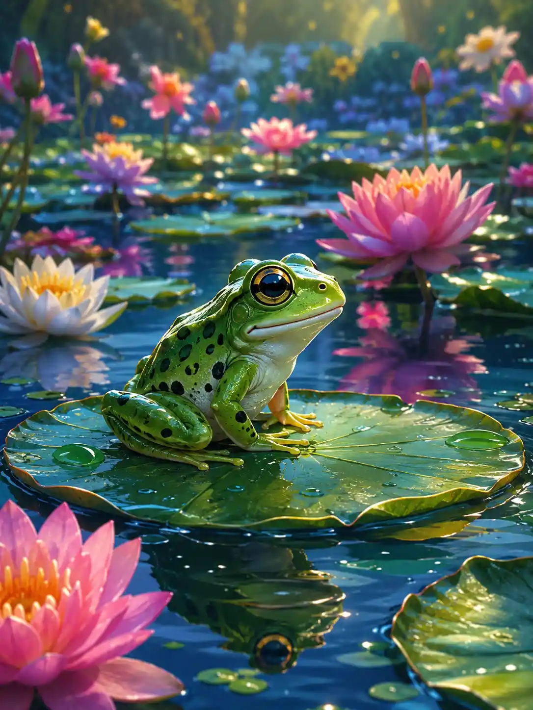 カラフルなファンタジーの池のスイレンの葉にいるかわいいカエル