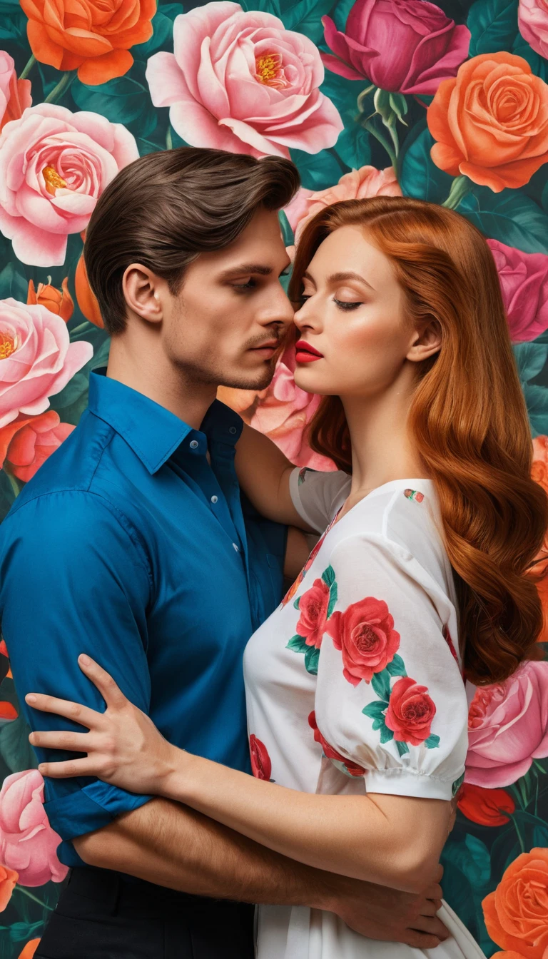 Pareja sensual besándose sobre un fondo floral de rosas
