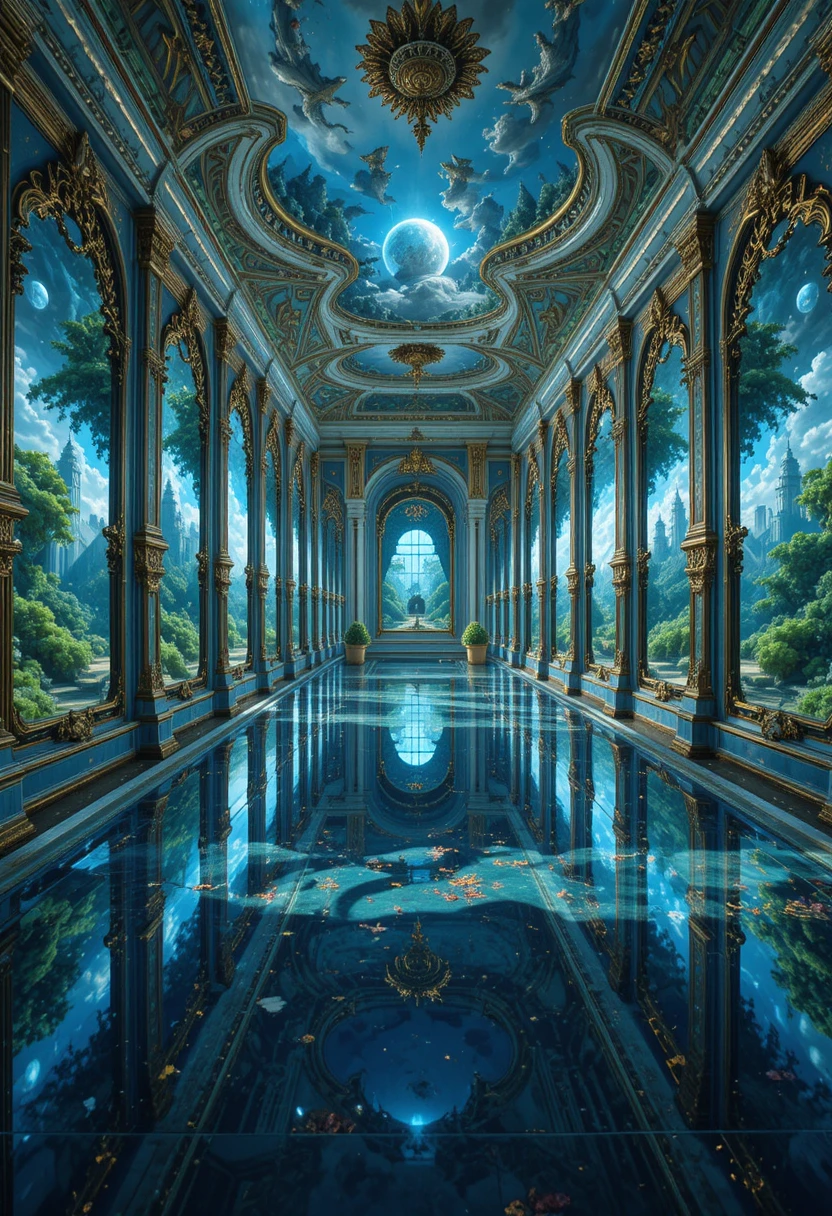 充滿魔法傳送門鏡子的奇幻宮殿大廳