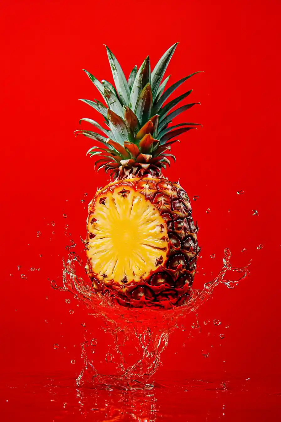 Vibrant pineapple floating on a reflective liquid surface
