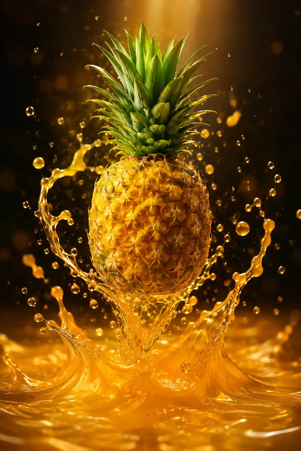 Piña flotando sobre líquido con luz dramática de alto contraste