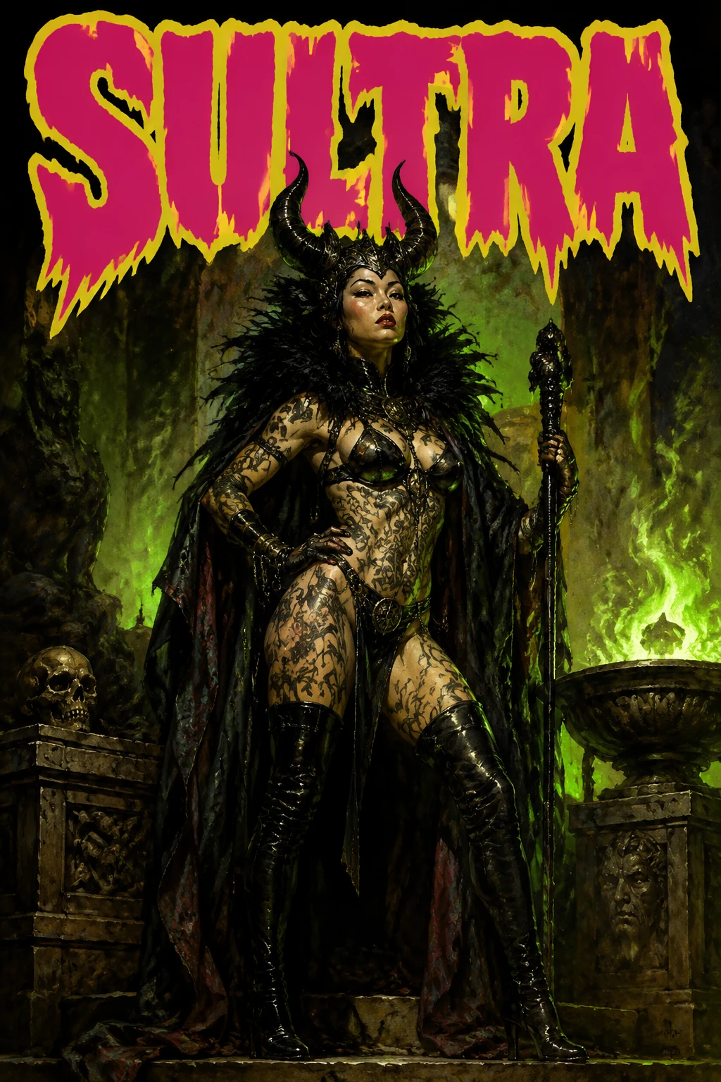 Dark sorceress in a cavernous fantasy throne room
