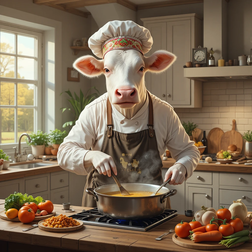Vaca blanca cocinando la cena en una acogedora cocina de granja