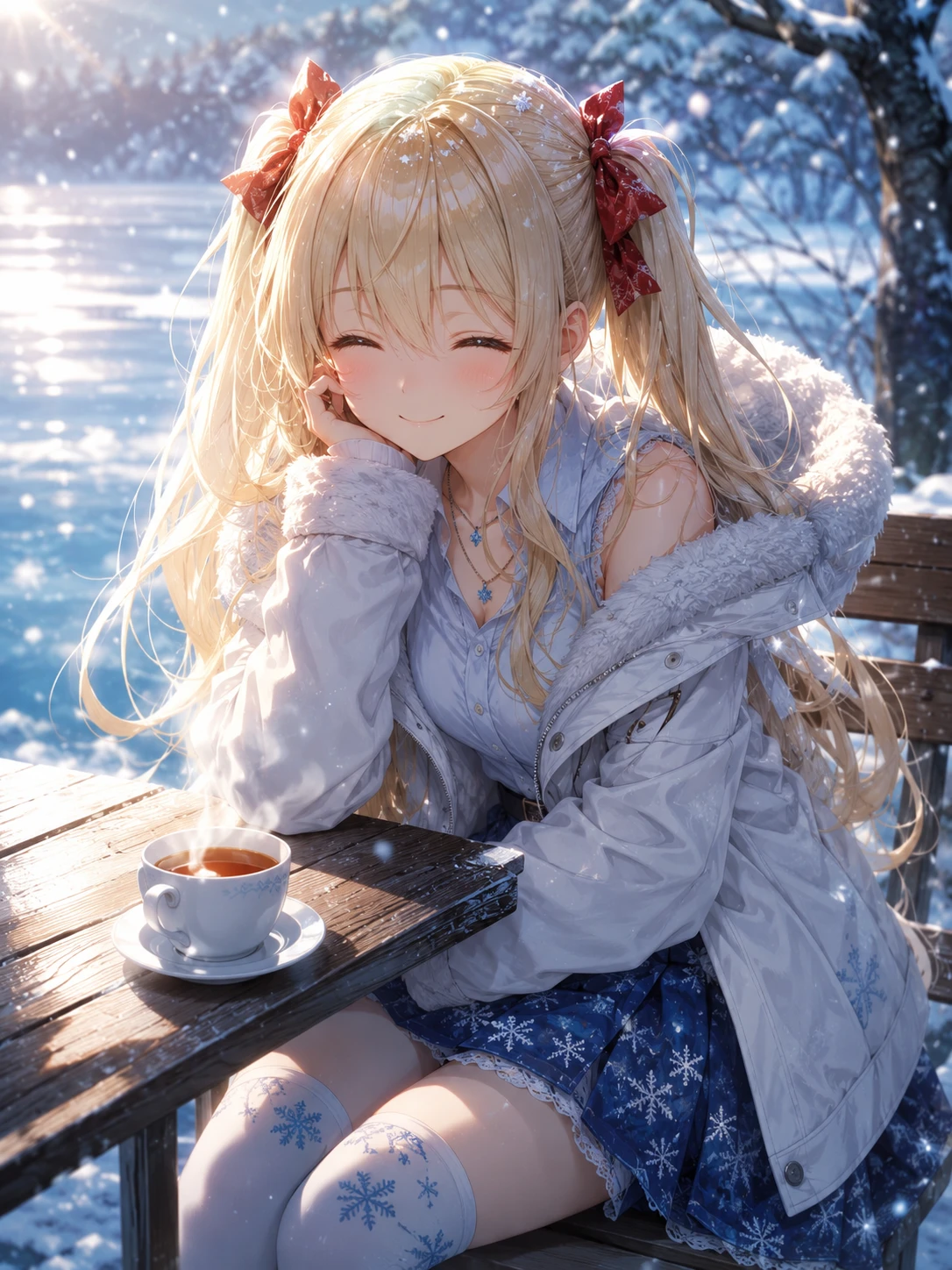 Chica de anime tranquila con té junto a un lago congelado