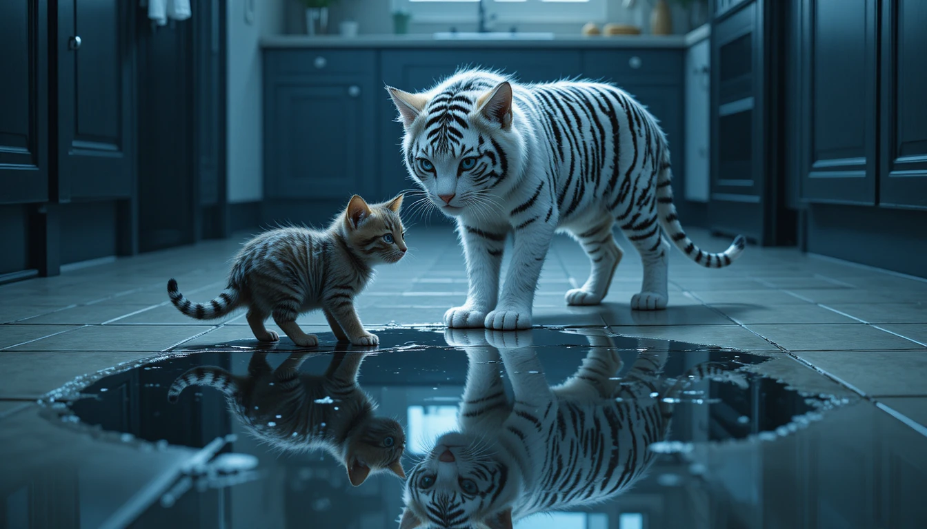 Pequeño gatito mirando su poderoso reflejo de tigre