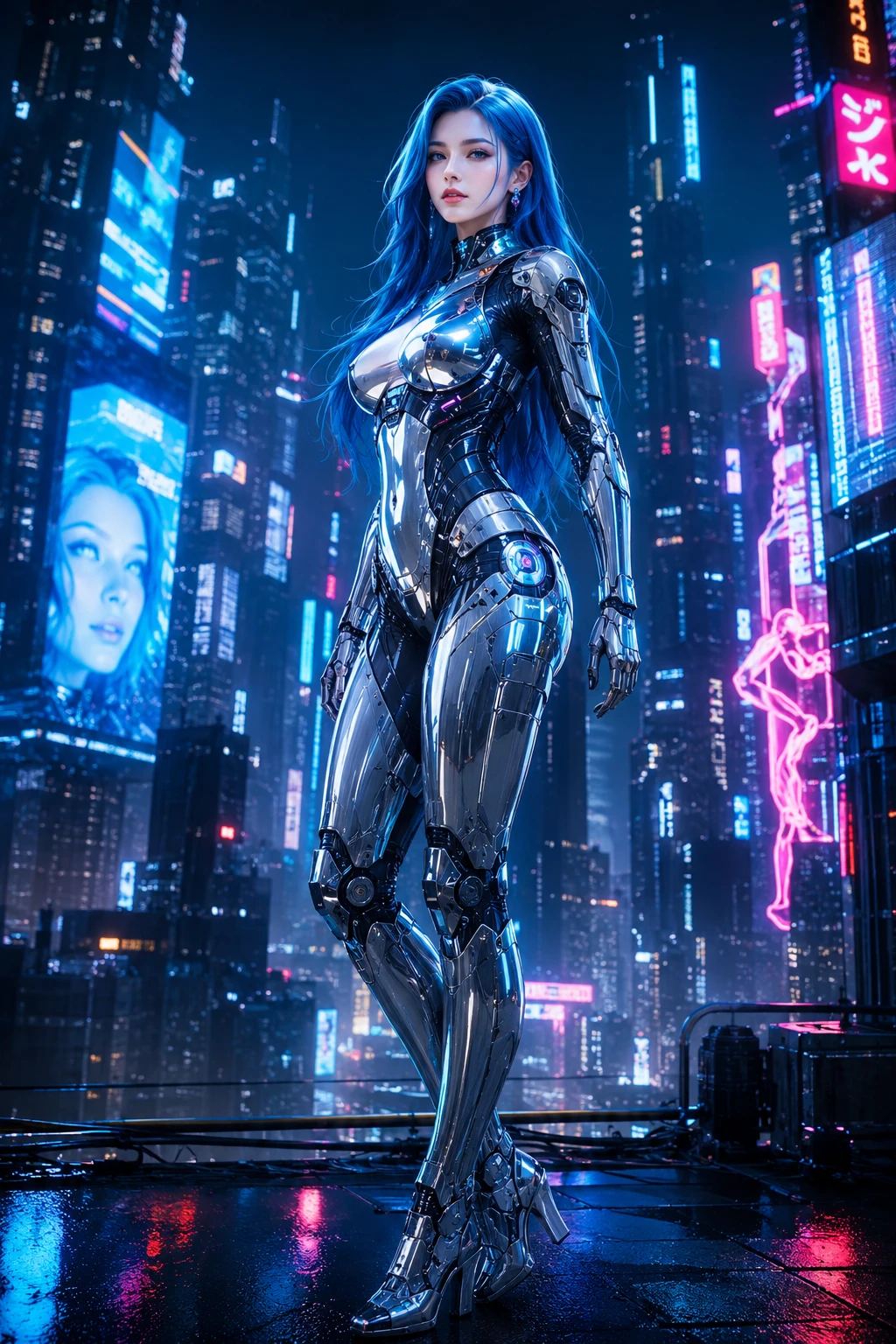 Mujer androide futurista con armadura cromada y ciudad de neón