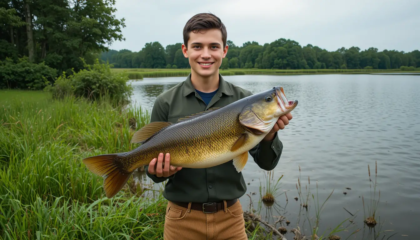 Young man holding a bass by a rural lakeside