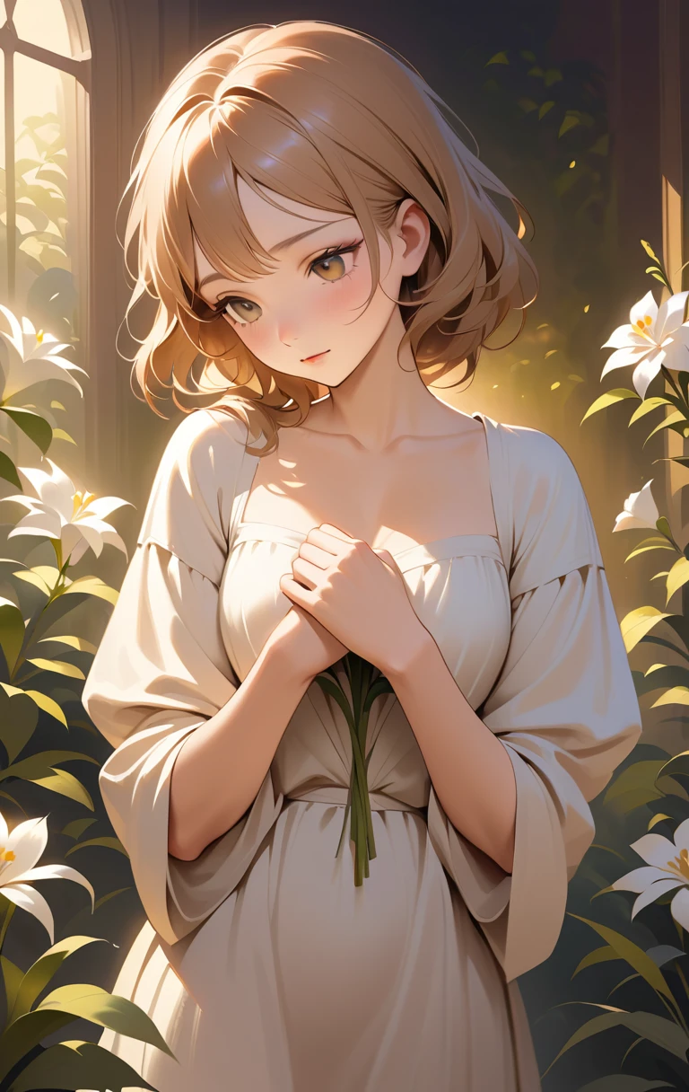 Woman in soft golden light amid serene lush greenery