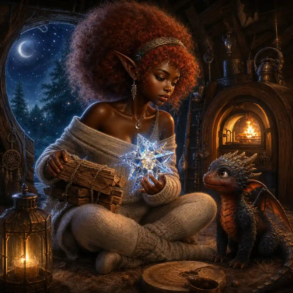 Digital illustration of luna in her cozy wooden cabin