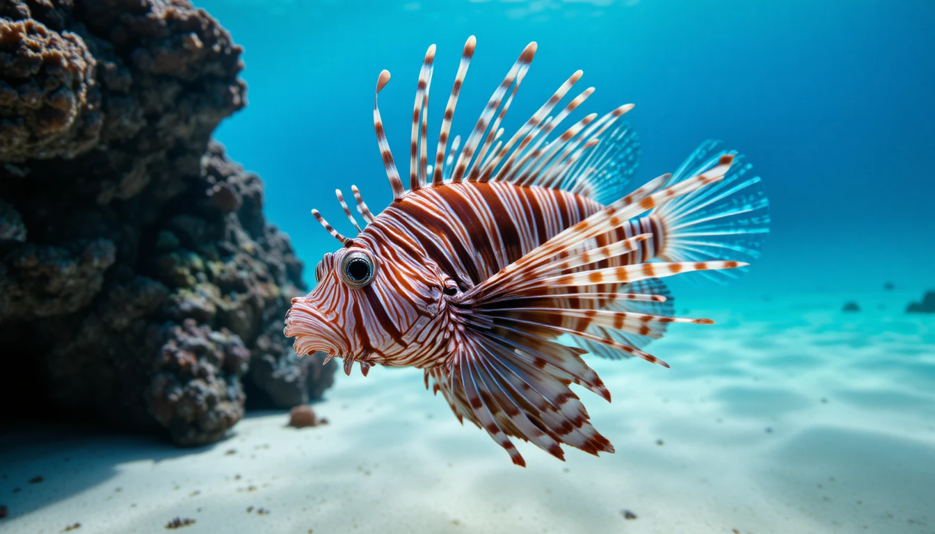 Colorful lionfish in clear blue tropical water