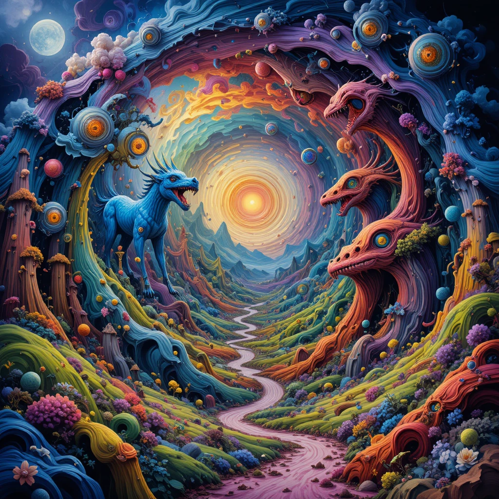 Mundo onírico surreal de colores en espiral y criaturas fantásticas