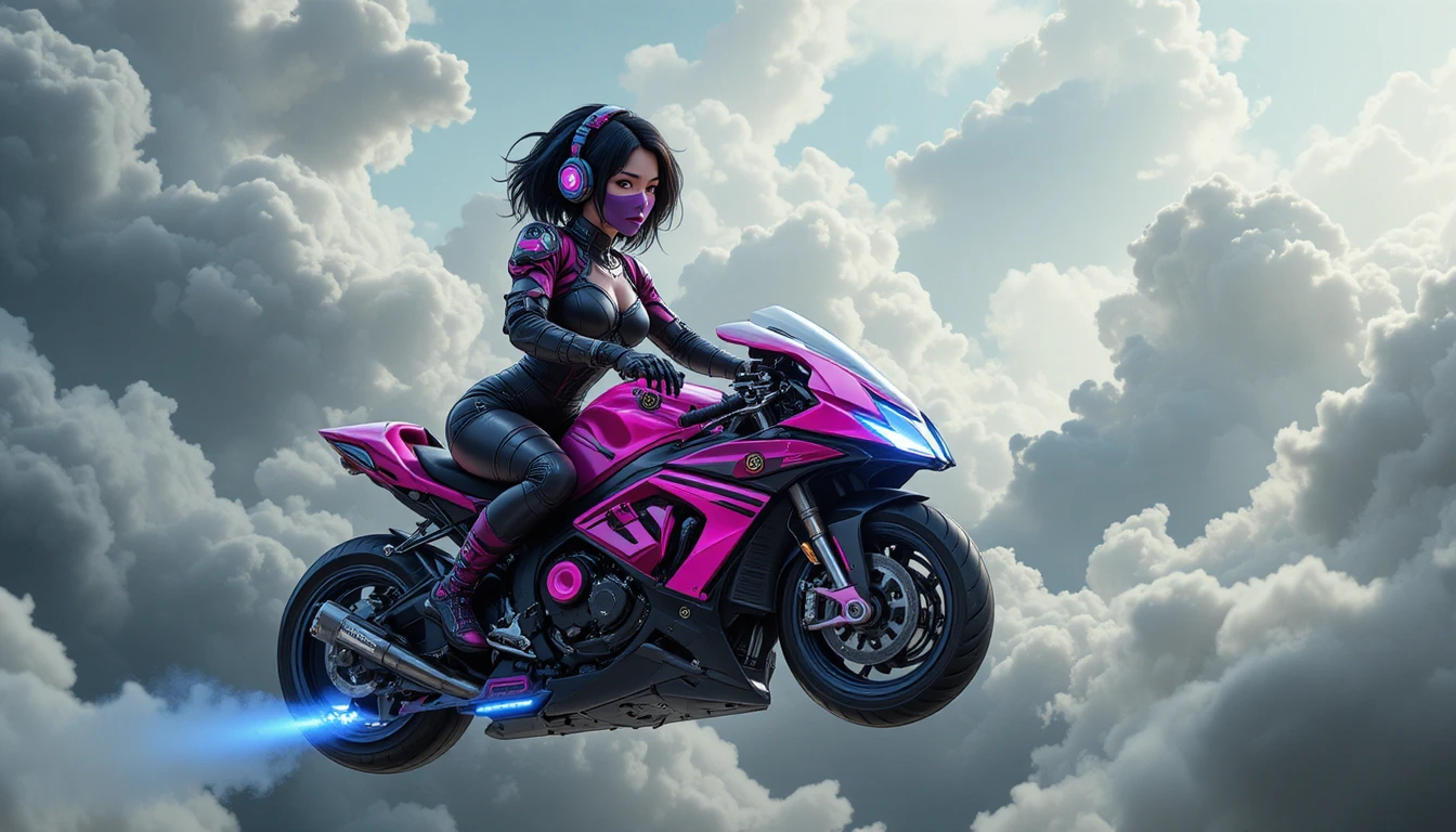 Sci fi woman riding a pink hovering motorcycle
