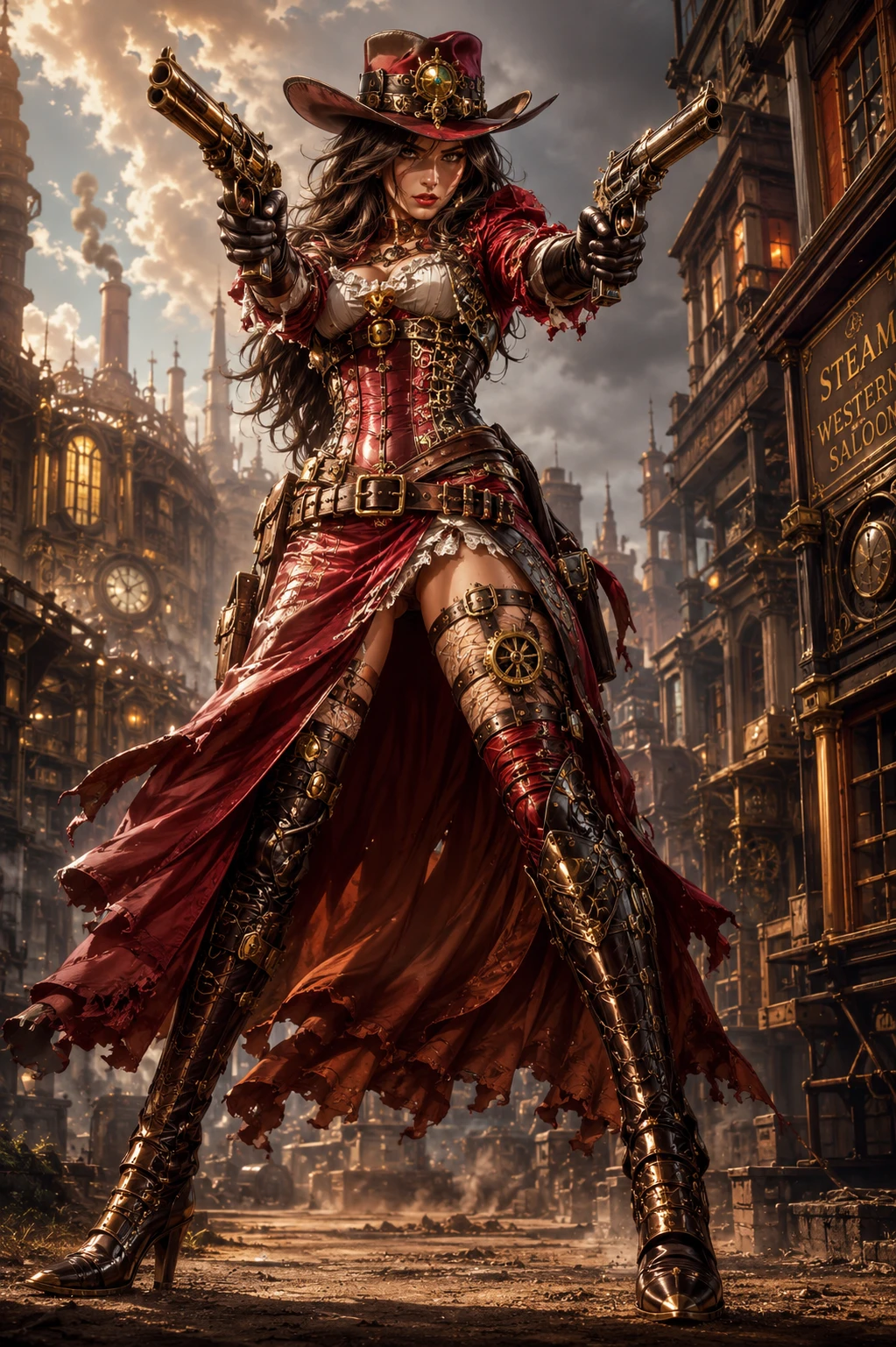 Vaquera steampunk apuntando con dos pistolas en una escena fantástica cinematográfica