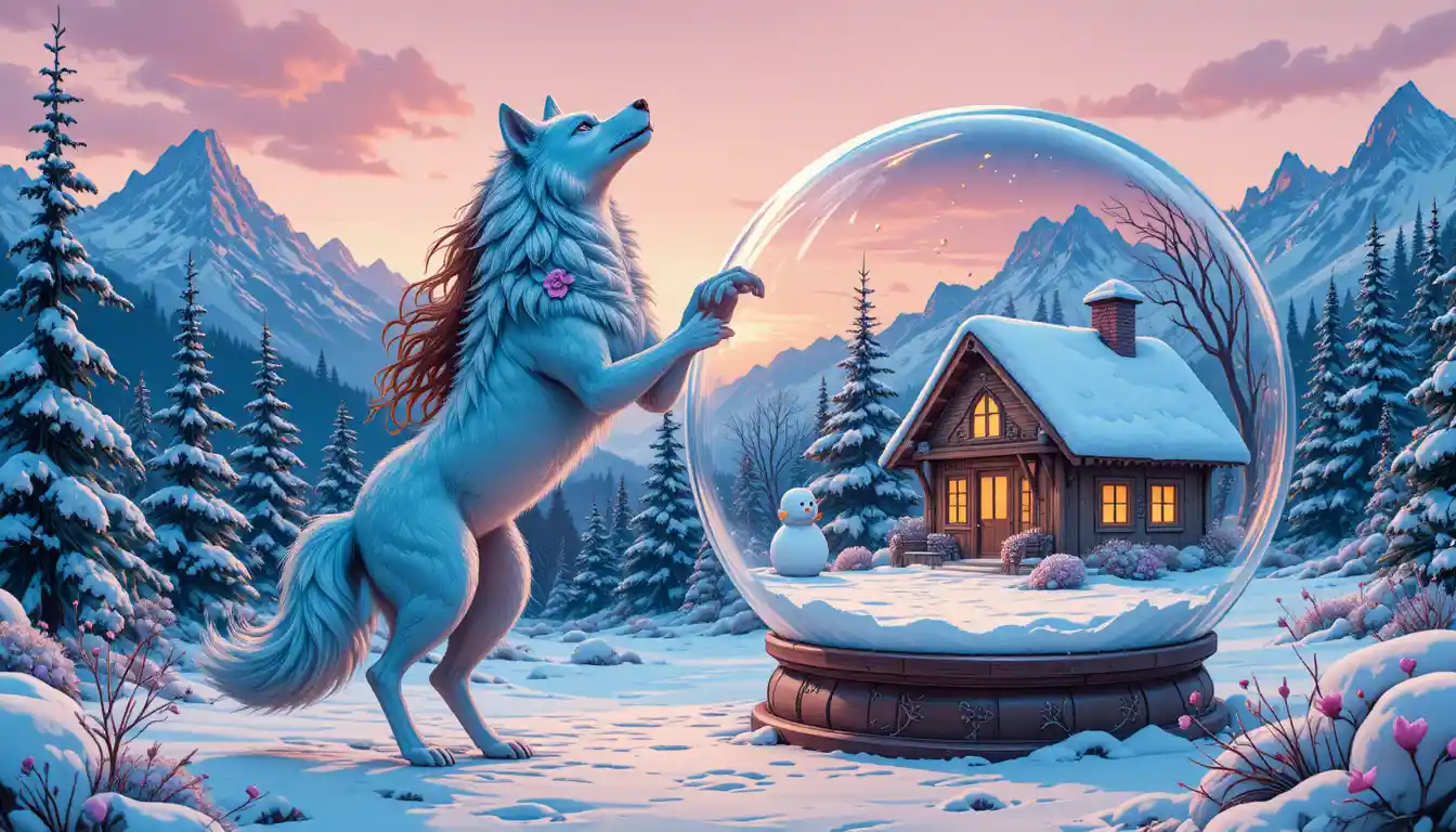 Enchanted Woman And Blue Wolf In Winter Forest