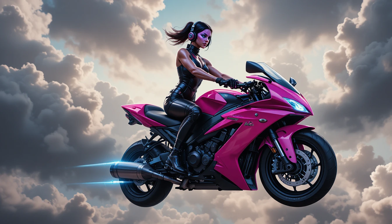 Guerrera de ciencia ficción en moto flotante rosa en un cielo nublado