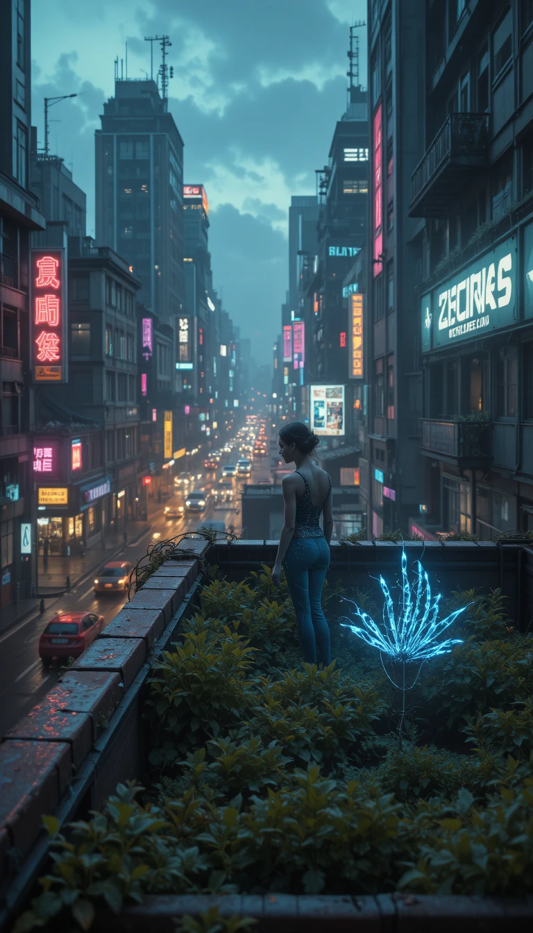 Ciudad cyberpunk al atardecer con jardín alienígena secreto en la azotea