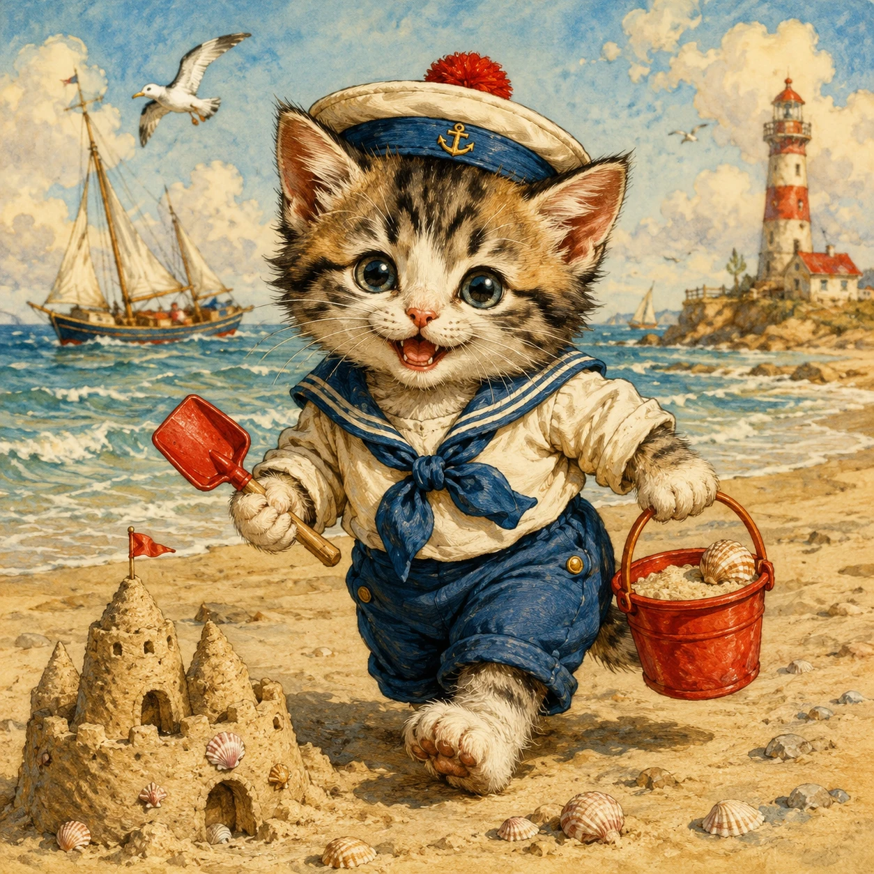 Verspieltes Kätzchen am sonnigen Strand – Bilderbuch-Illustration