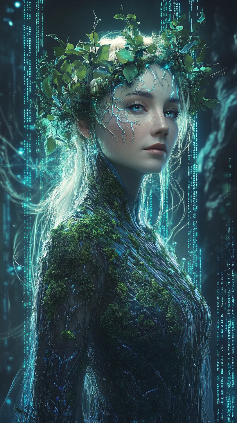 Forest princess with glowing lichen in neon digital world