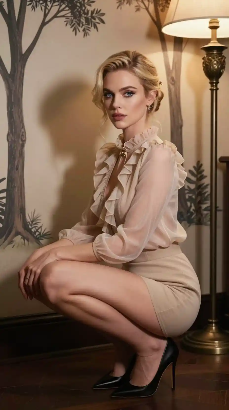 Elegant blonde woman posing in a refined indoor scene