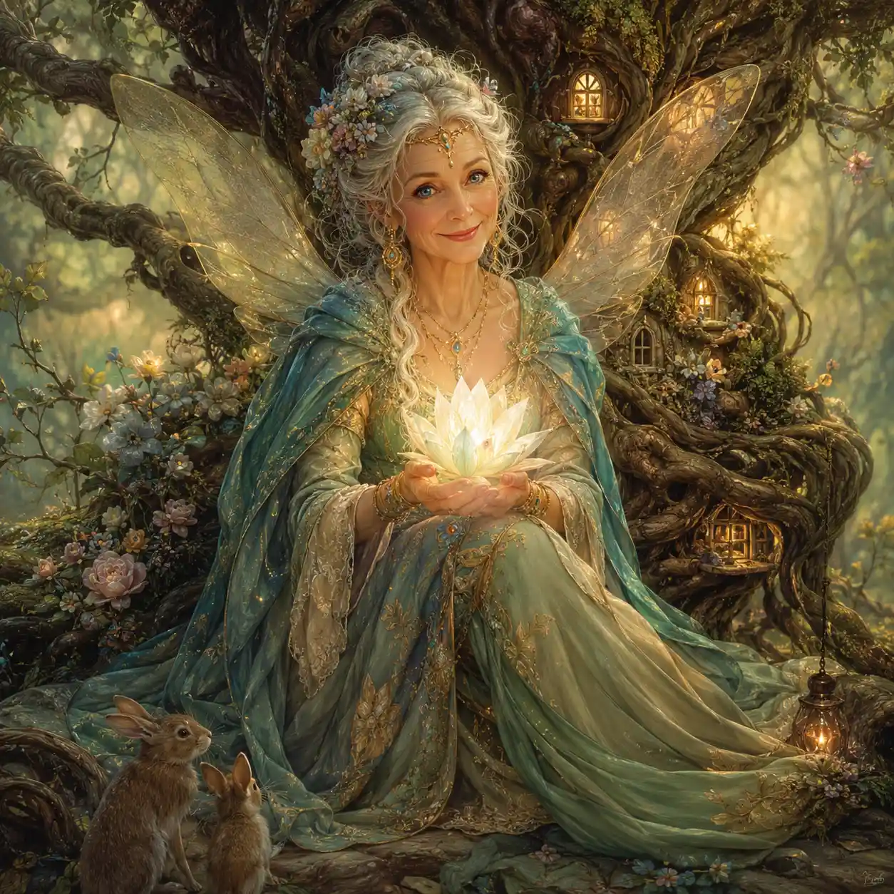 Silver haired forest fairy holding a glowing white flower