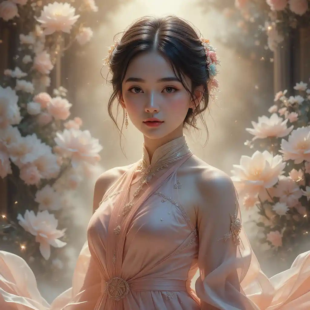 Elegante retrato de estudio de una chica china con vestido de satén