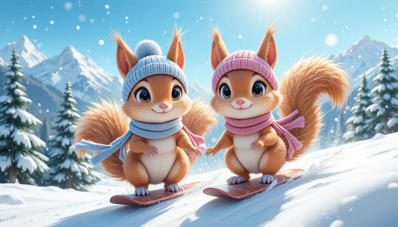 Cute squirrels snowboarding on a snowy mountain slope