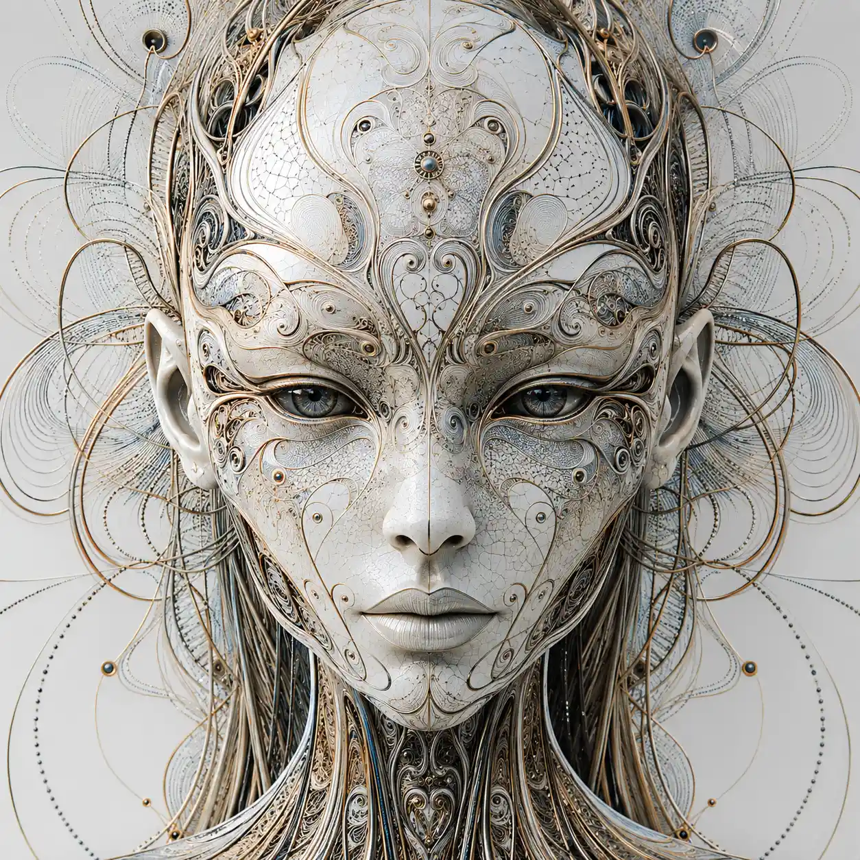 Masque fractal en céramique de femme inhumaine avec des câbles