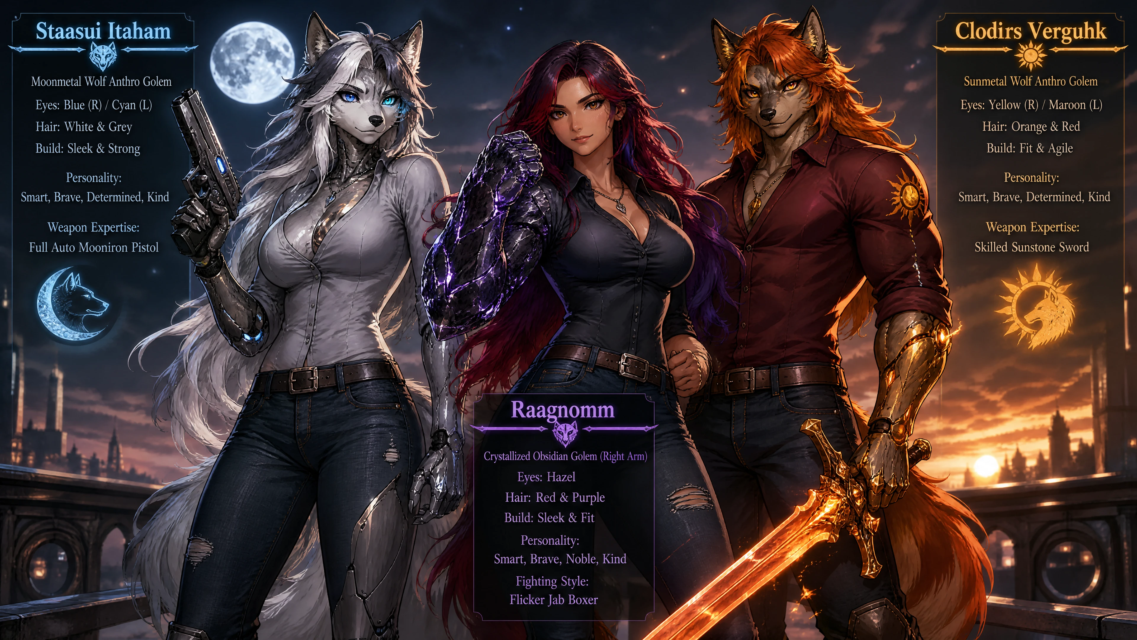Anthro wolf golem trio in casual jeans and boots
