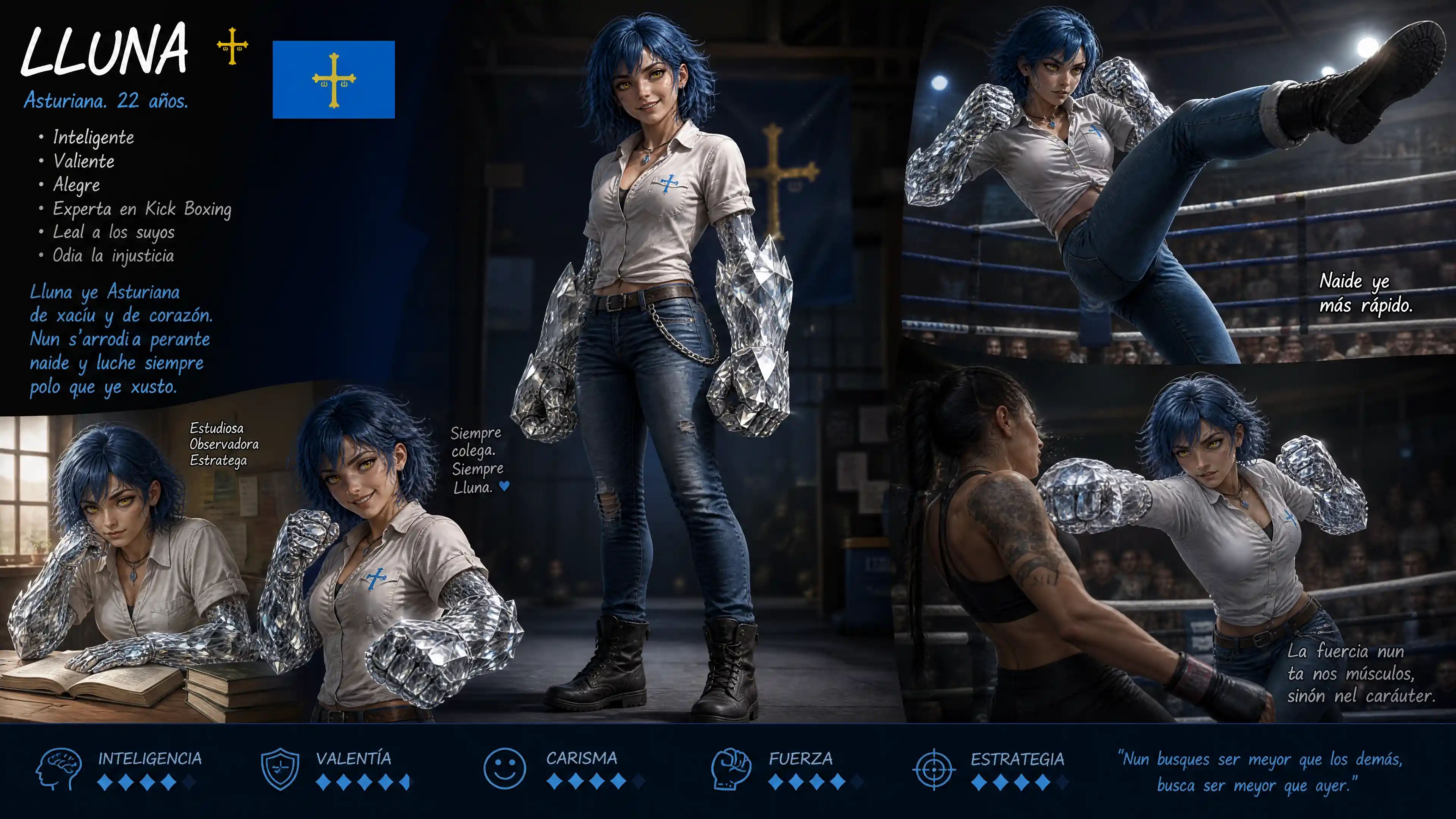 Personaje de mujer kickboxer de fantasía alegre y de pelo azul