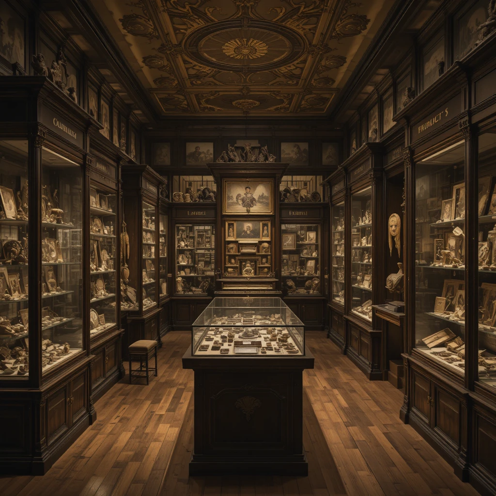 Interior de museo con artefactos antiguos en vitrinas de madera cálida