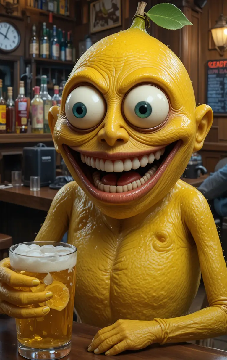 Cartoon lemon with googly eyes smiling drunkenly at bar