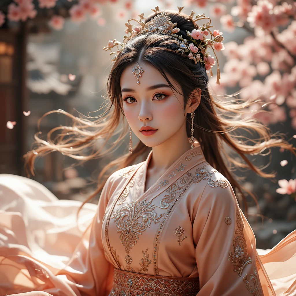 Actriz china con hanfu fluido entre flores de cerezo