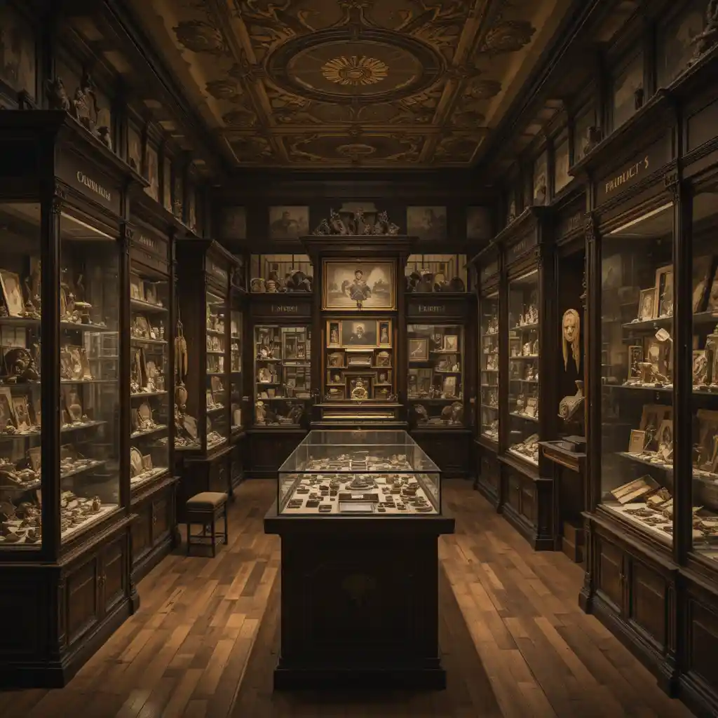Museum interior with ancient artifacts in warm wooden displays