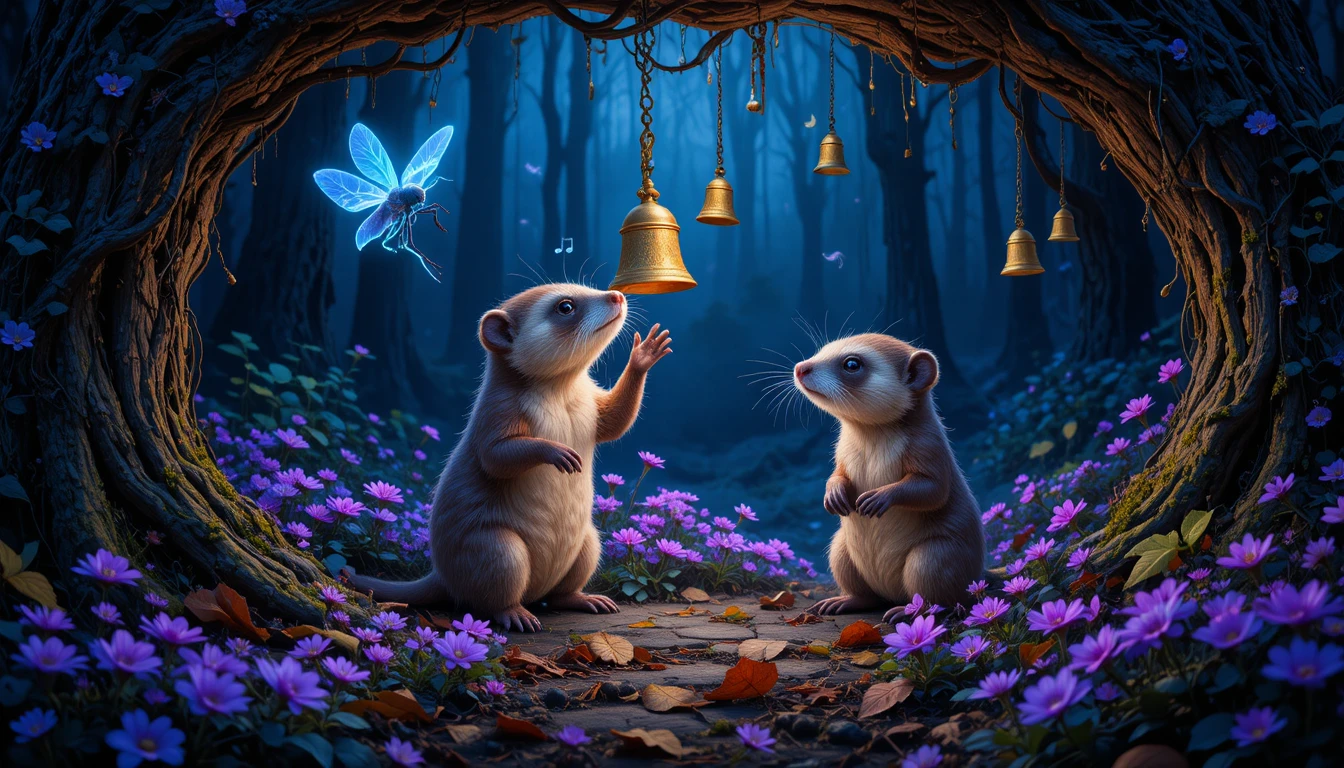 Two Curious Stoats With Bells In A Magical Forest