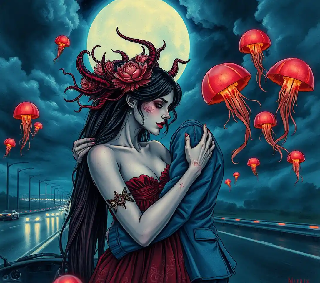 Gloomy highway night scene with surreal entwined women