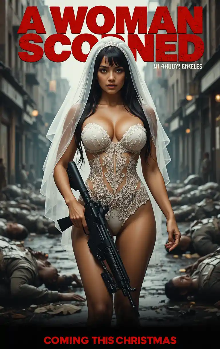Mariée armée en lingerie dans une rue de ville ravagée par la guerre
