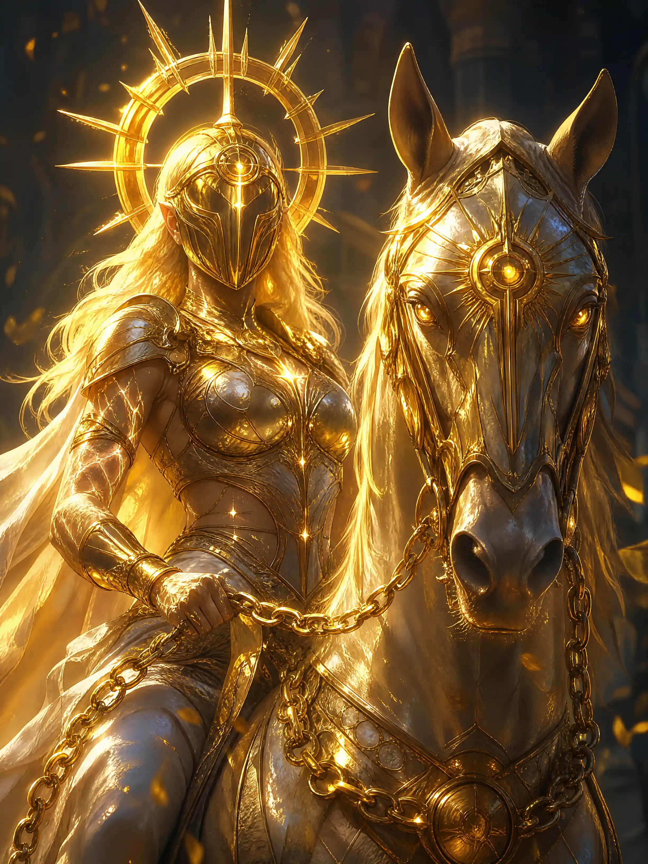 Guerrera diosa del sol cabalgando un corcel de guerra radiante