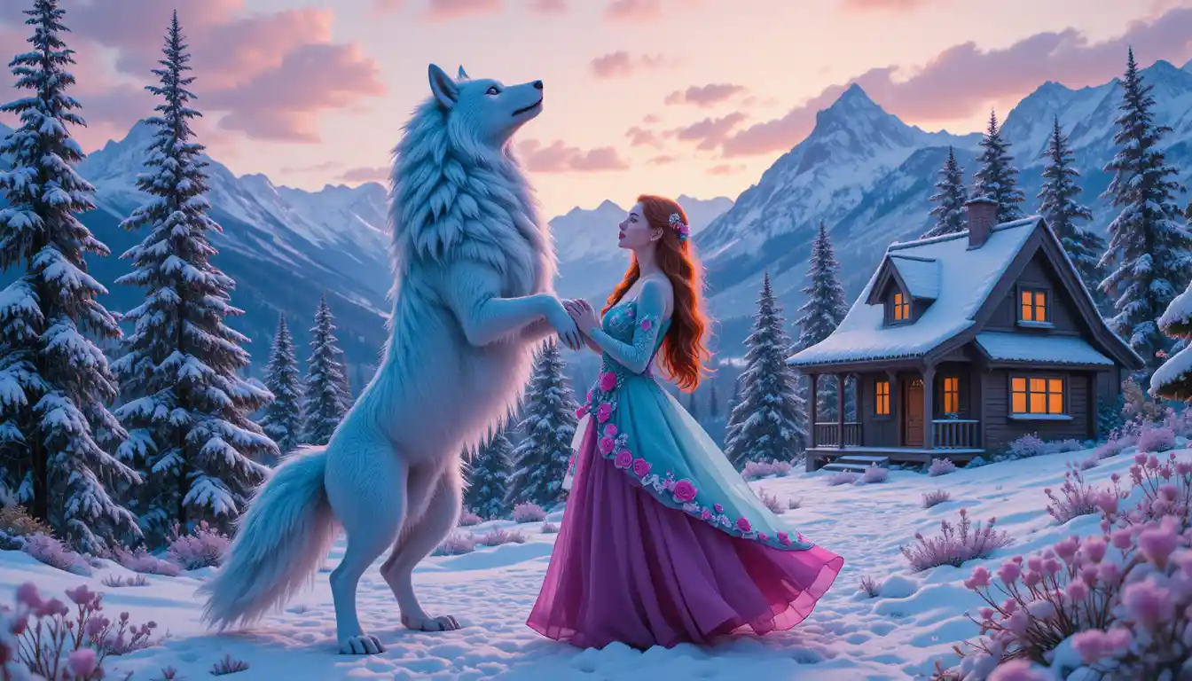 雪の森で青いオオカミと踊る女性
