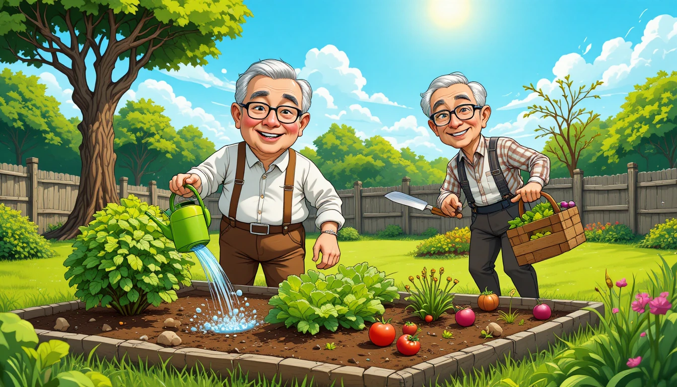 Hombres mayores haciendo jardinería en una colorida huerta de estilo dibujo animado