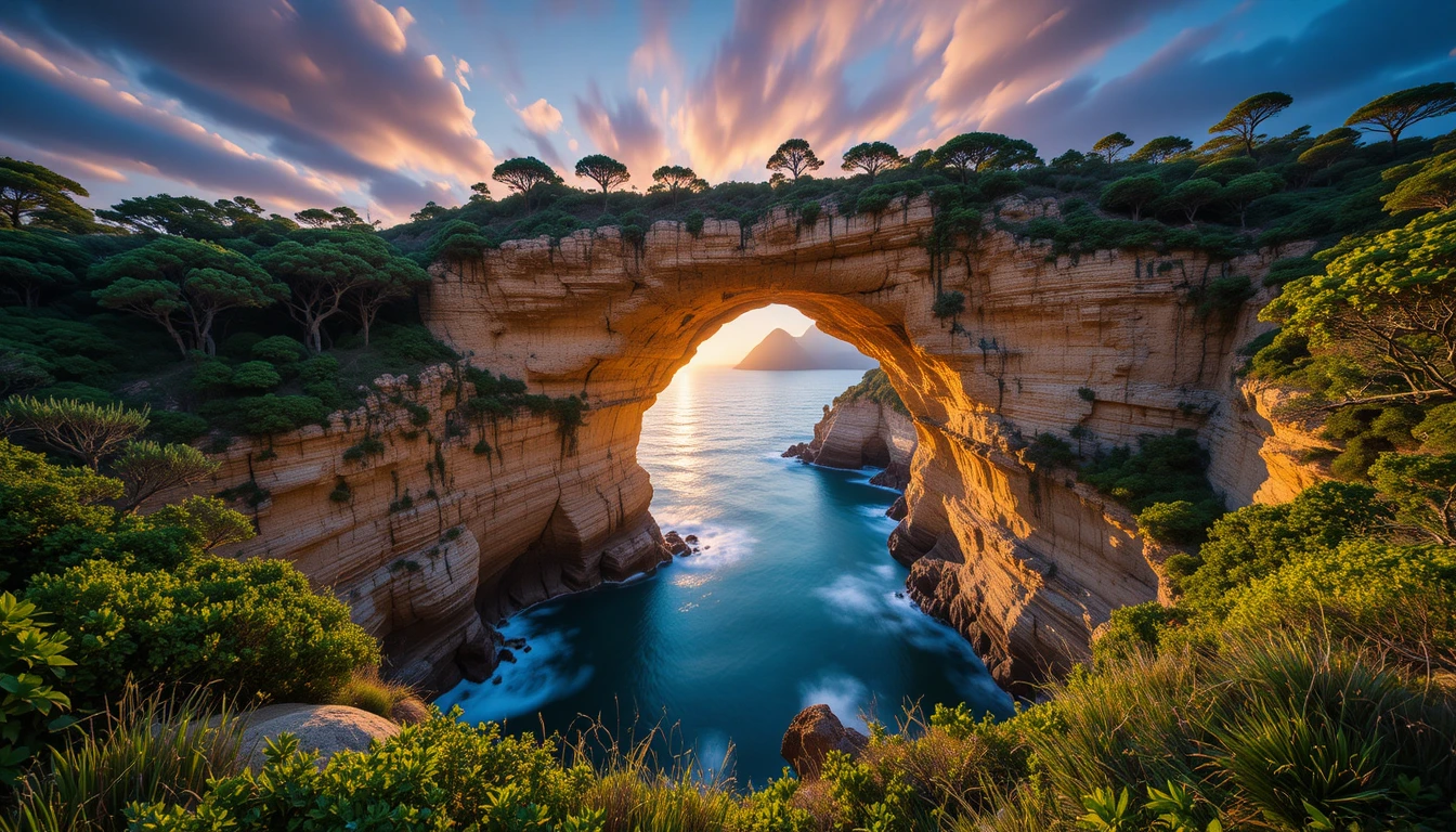 Majestuoso arco de piedra sobre canal oceánico azul al atardecer